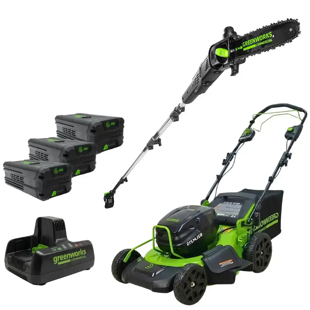 Cortador de grama 82V + podador de altura a bateria + 3 baterias 4,0AH + carregador Greenworks — fotografia de referência
