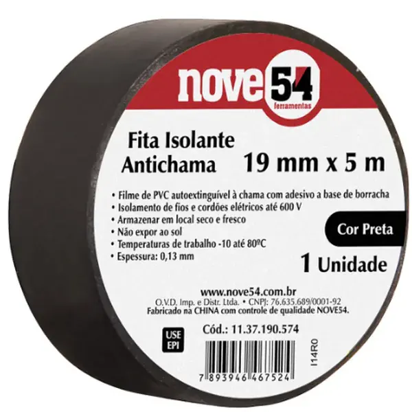 Fita Isolante Antichamas 19MM x 5M Preta - Nove54