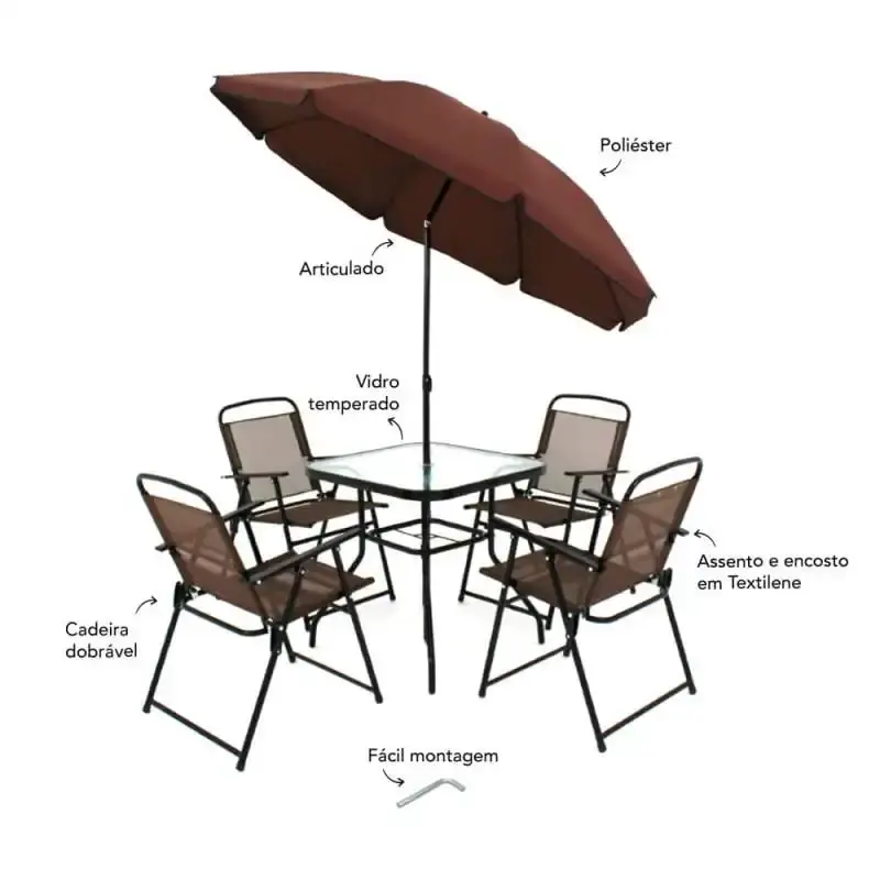 Conjunto miami para jardim com 4 cadeiras mesa e guarda-sol marrom 85200 BEL — fotografia 7