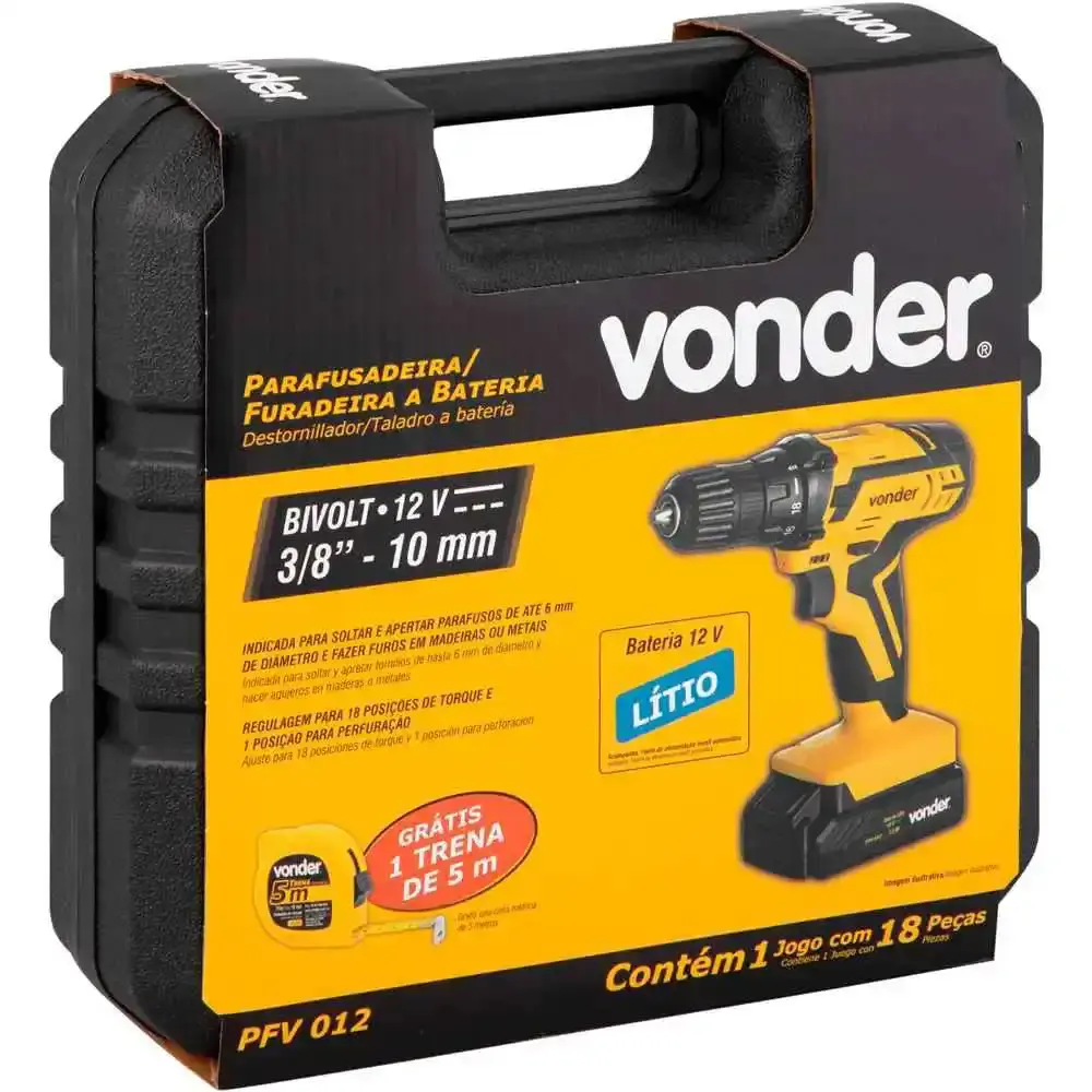 Furadeira e parafusadeira à bateria 12V bivolt PFV 012 kit brocas bits e trena Vonder — fotografia 6