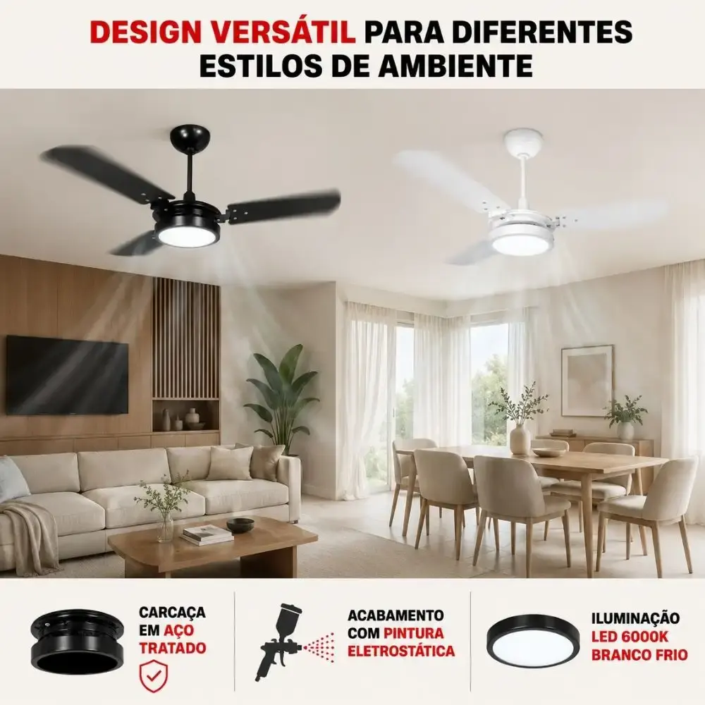 Ventilador de teto ventus 3 pás com LED 6K casa LYS Branco 110 V — fotografia 4