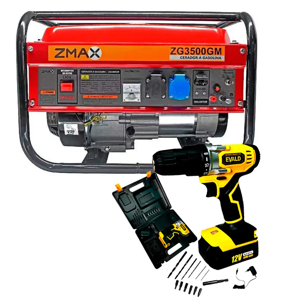 Gerador de energia à gasolina 3,5 KVA 4T bivolt Zmax + parafusadeira 12V maleta e kit