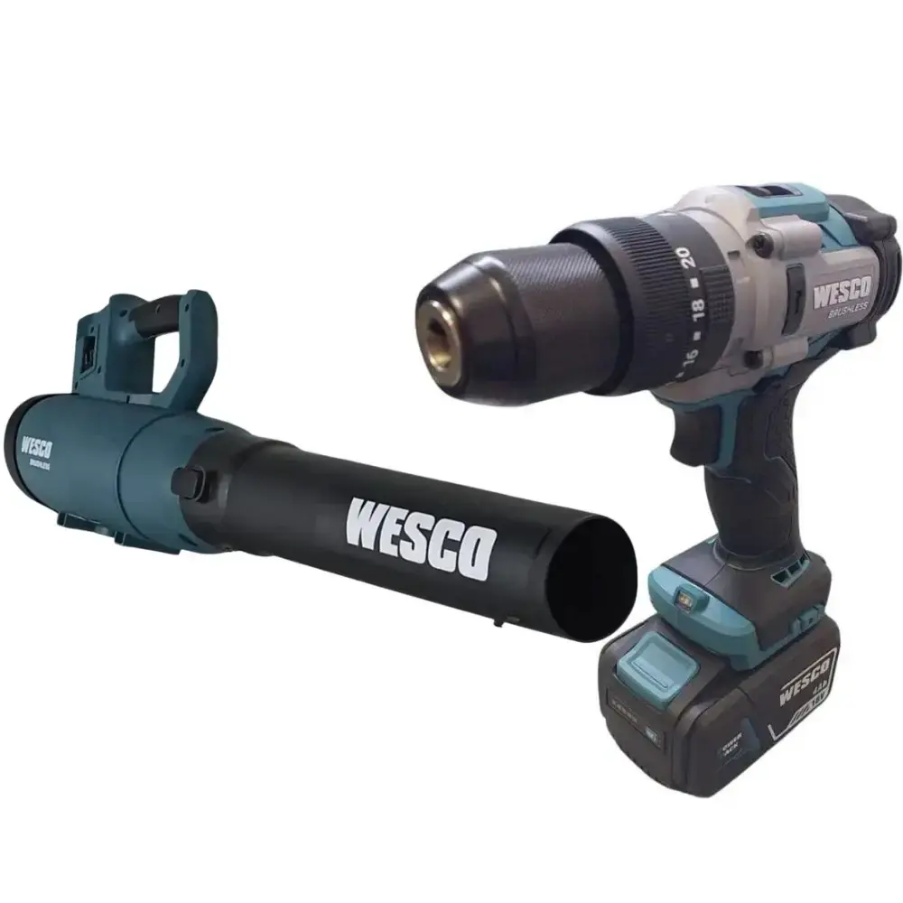 Parafusadeira de impacto 18V 1/2POL e soprador de folhas 25CC com 2 baterias Wesco — fotografia de referência