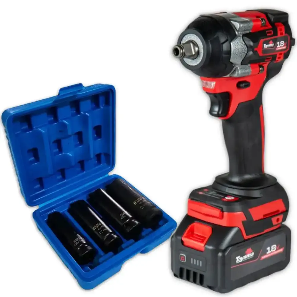 Chave de impacto 18V TBT18IW350-K4 com bateria Toyama kit soquetes 4 pçs 14-21MM EVSLI-4 evald — fotografia de referência
