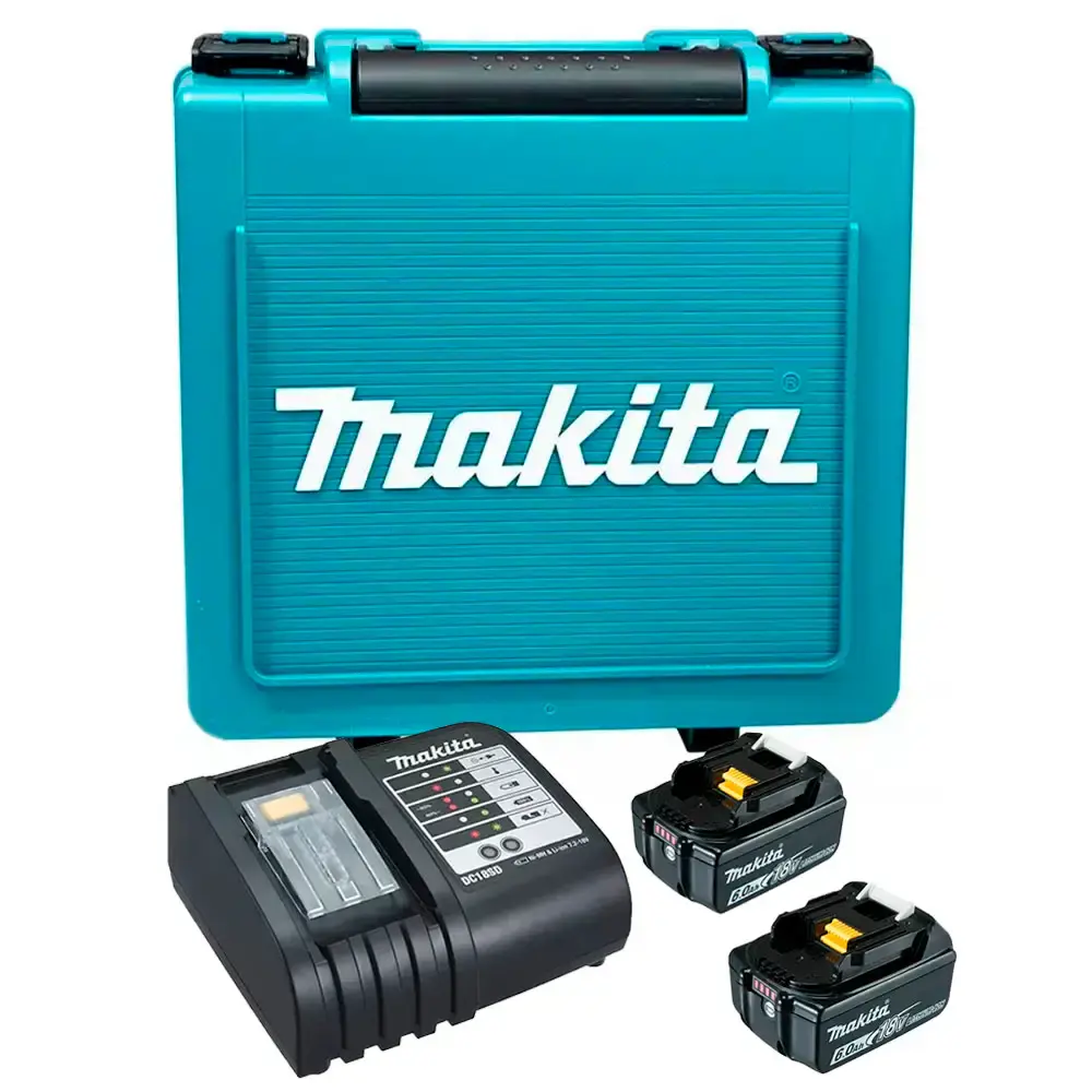 Kit 2 baterias 18V 6AH com carregador bivolt DC18WC e maleta Makita — fotografia de referência