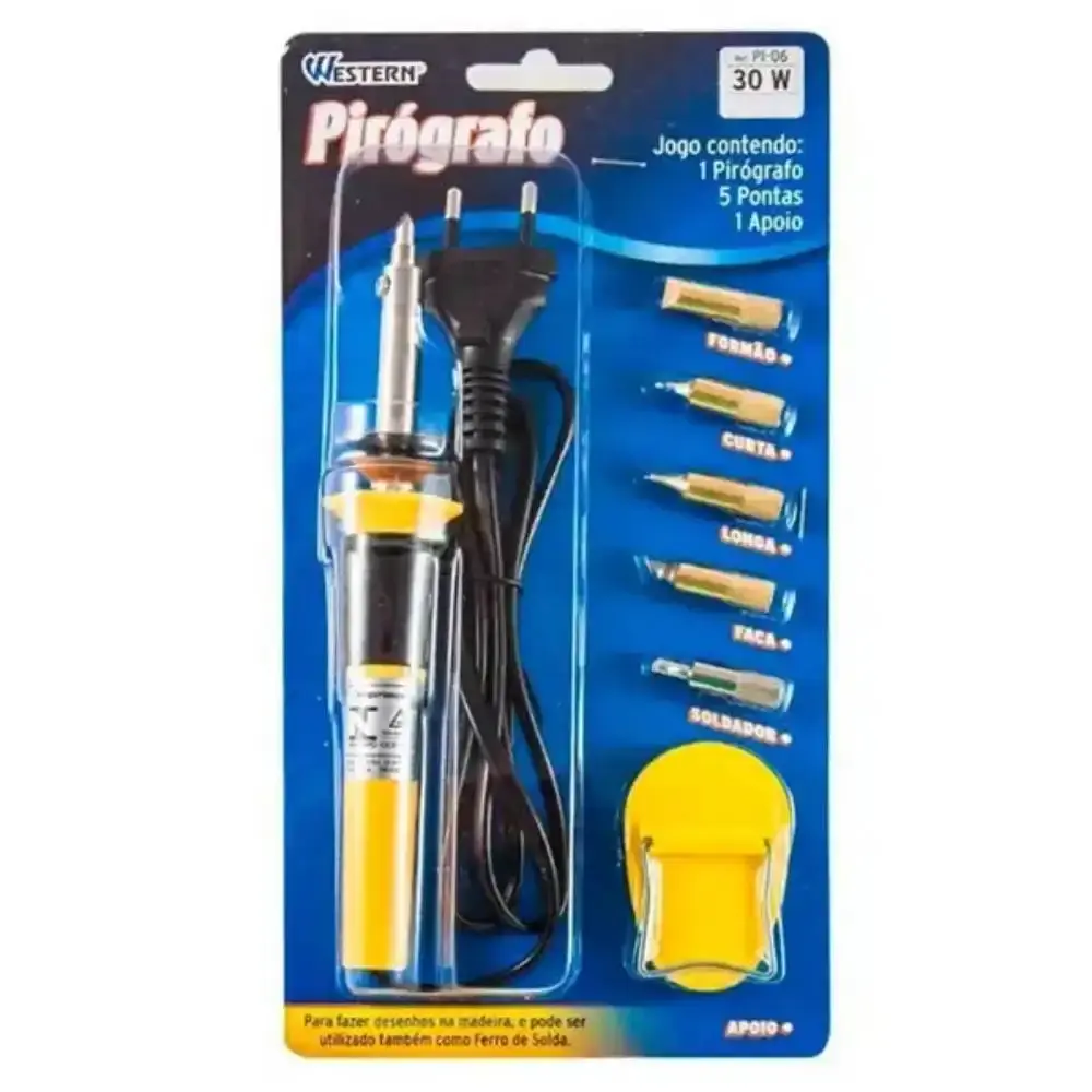 Pirógrafo e ferro de solda 30W gravação em madeira kit com 5 pontas PI-06 Western 220 V — fotografia 9