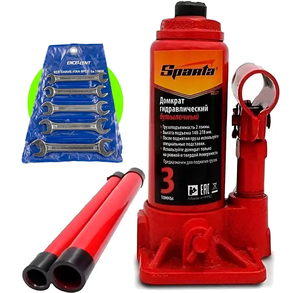Kit macaco hidráulico 3 TON tipo garrafa Sparta + jogo de chaves fixa de 6 à 15 MM kit com 5 peças 6 — fotografia de referência