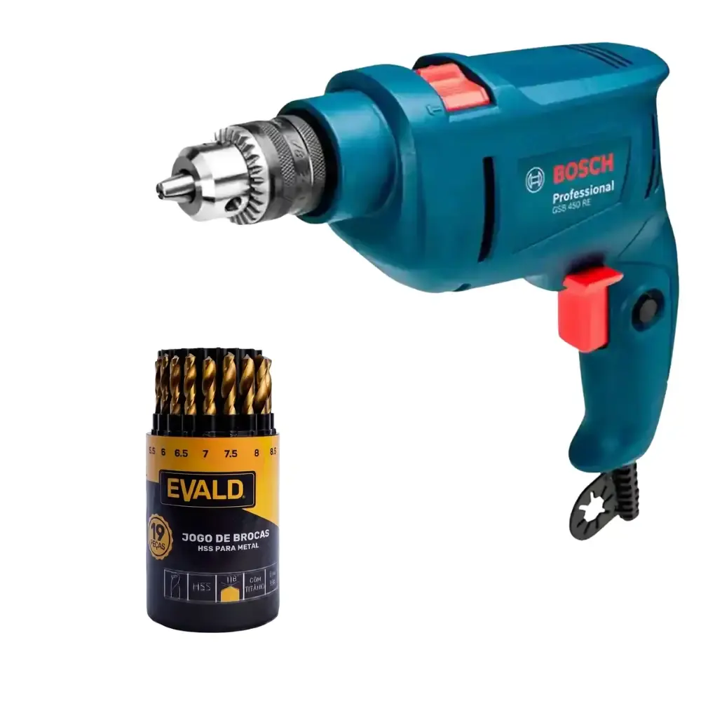 Kit furadeira industrial 3/8 pol 450W Bosch jogo de brocas HSS 19 peças evald 220 V — fotografia de referência