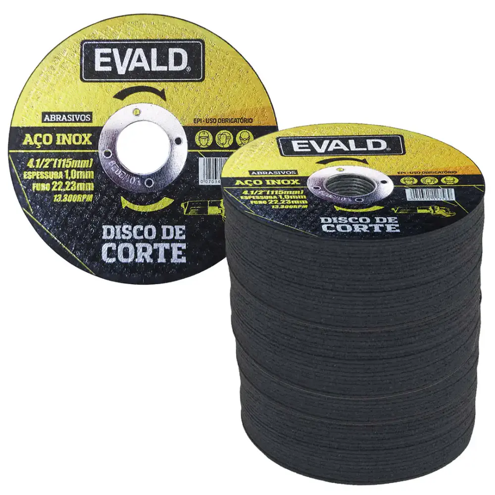 Disco de corte 4.1/2 POL 115 MM aço inox kit 100 unidades Evald