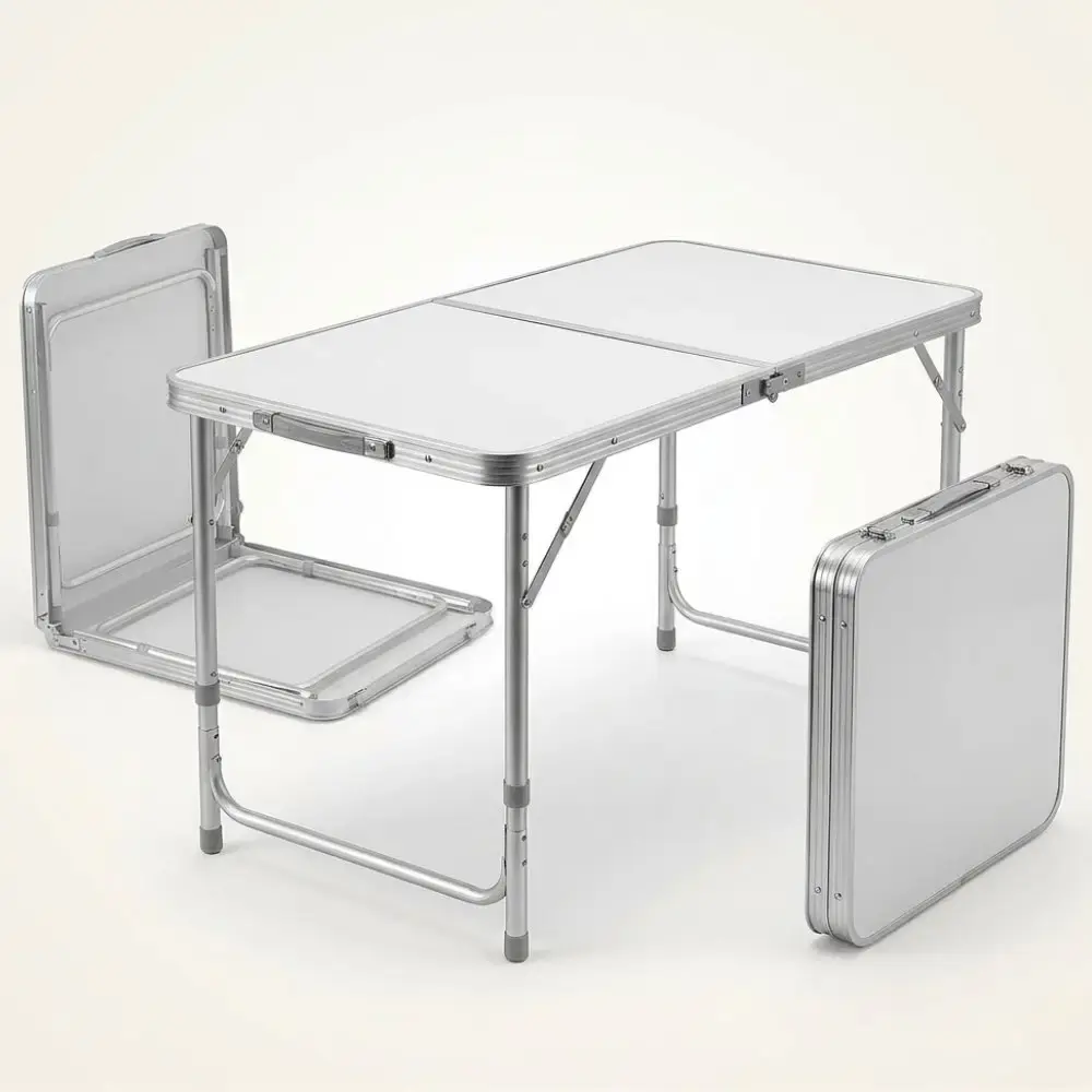 Mesa dobrável vira maleta camping de alumínio 120CM x 60CM branca 3 níveis de altura Zelt — fotografia 6