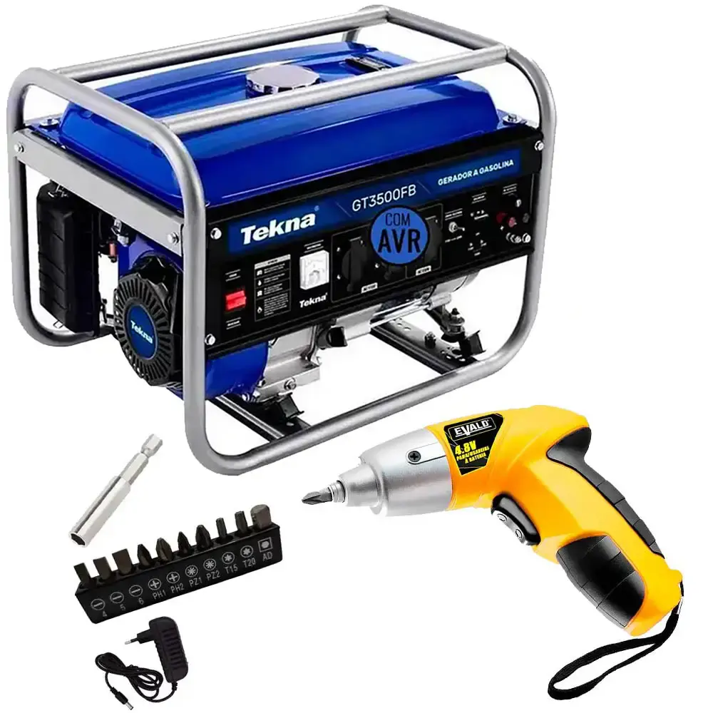 Gerador de energia gasolina 6,5HP 3,1KVA 4T bivolt GT3500FB Tekna + parafusadeira 4,8V com kit — fotografia de referência