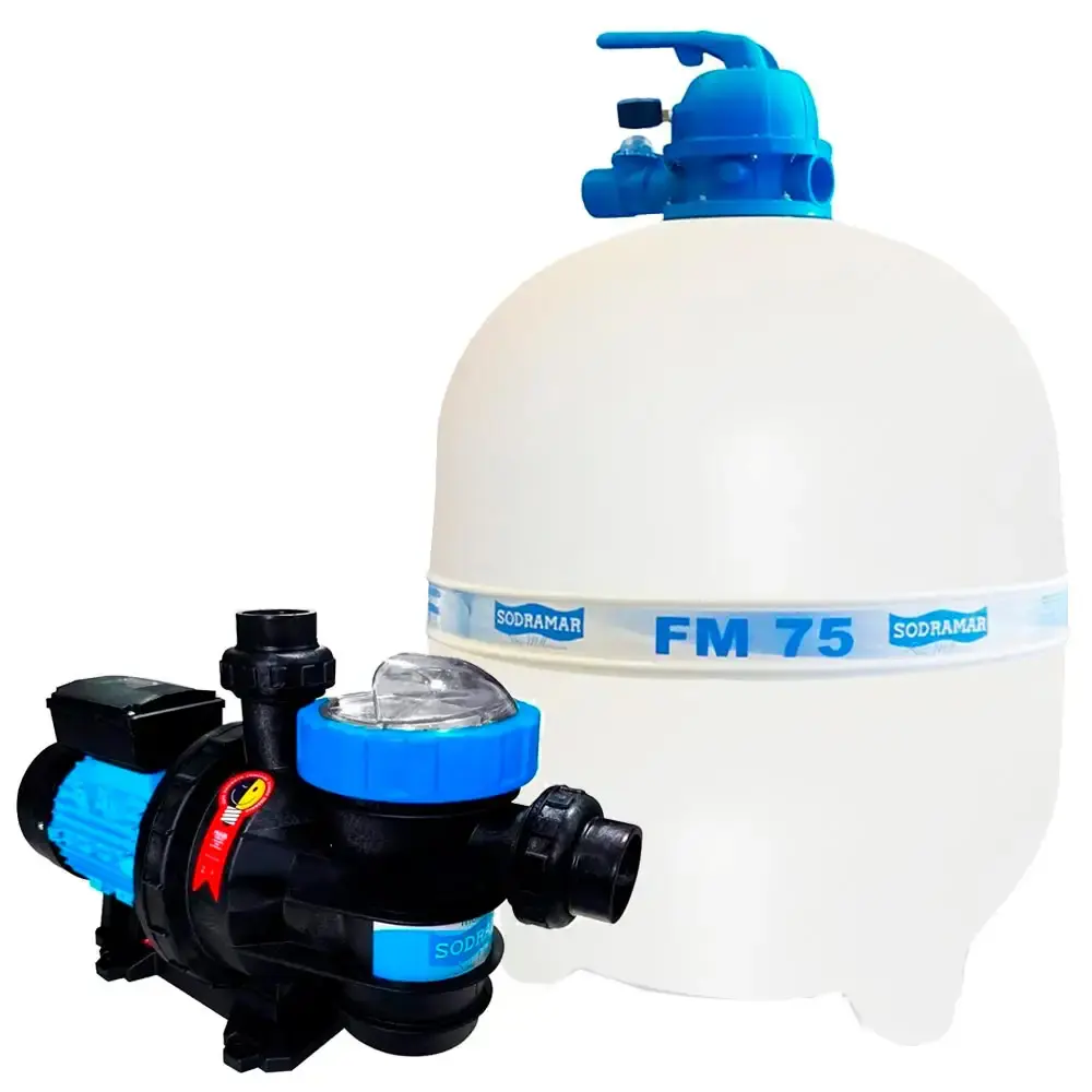Kit filtro FM75 e bomba 1,5CV piscina 176 ml Sodramar — fotografia de referência