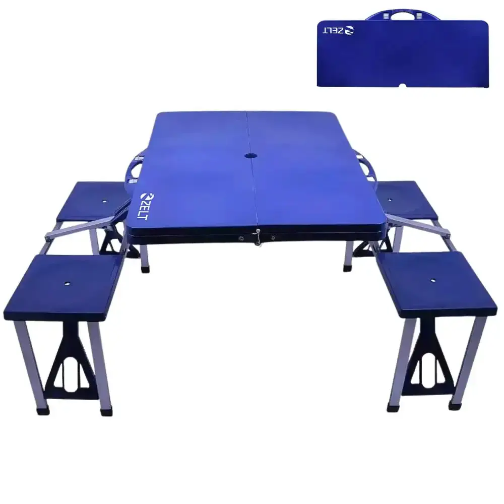 Mesa Camping Portátil Dobrável em Polipropileno 4 Banquetas Tipo Maleta 136×85×65 cm ZELT — fotografia de referência