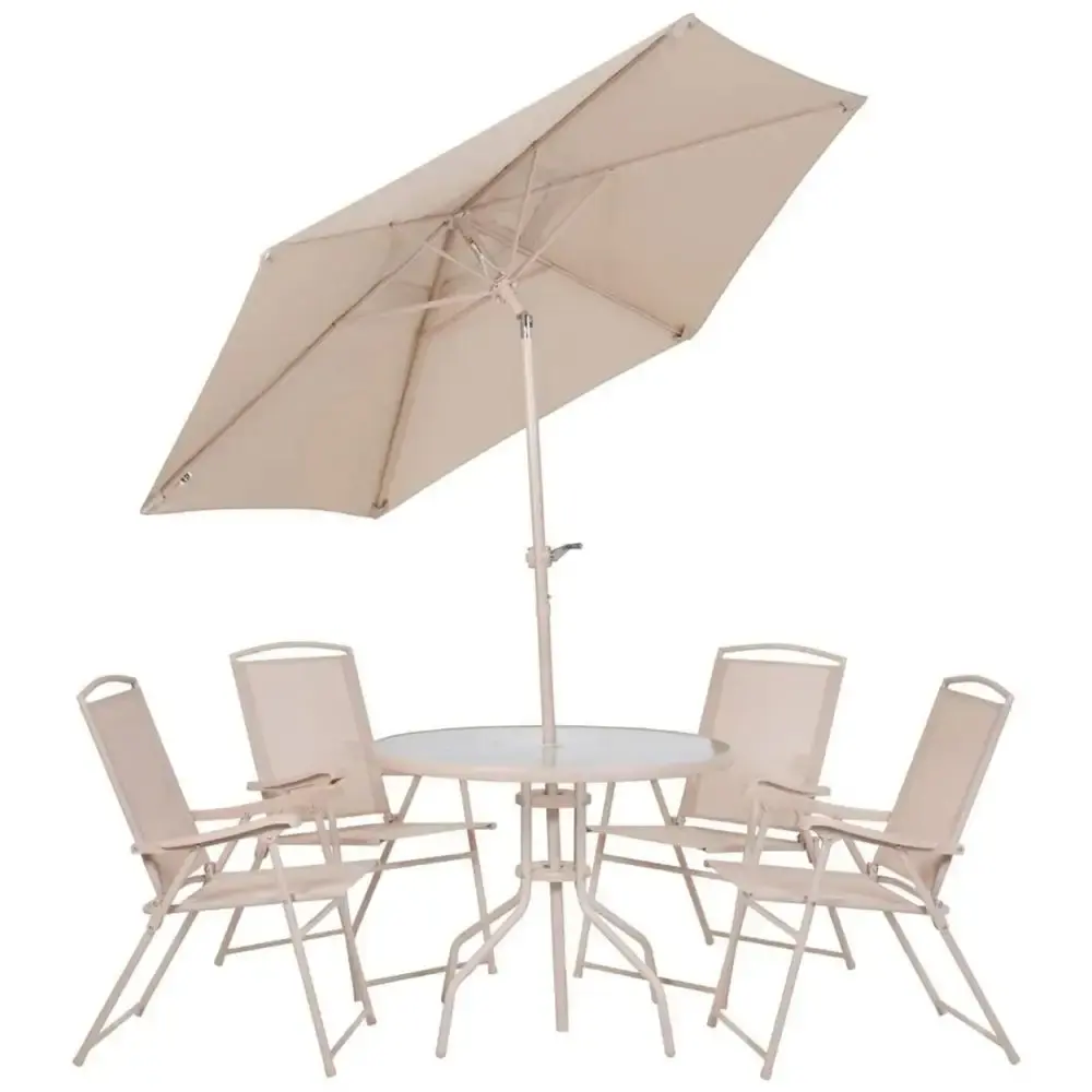 Conjunto de mesa e cadeira e guarda sol para jardim em aço bege malibu Mor — fotografia 2