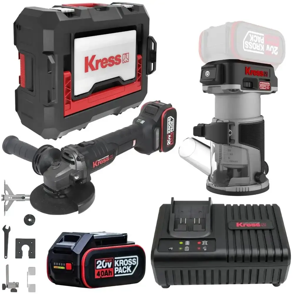 Tupia 6 MM KUD26.91 e esmerilhadeira angular 5 POL com 2 baterias 20V e carregador Kress — fotografia de referência