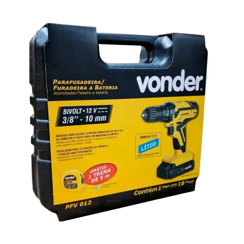 Furadeira parafusadeira 12V com bateria carregador bivolt e kit brocas, bits e trena PFV012 Vonder — fotografia 7