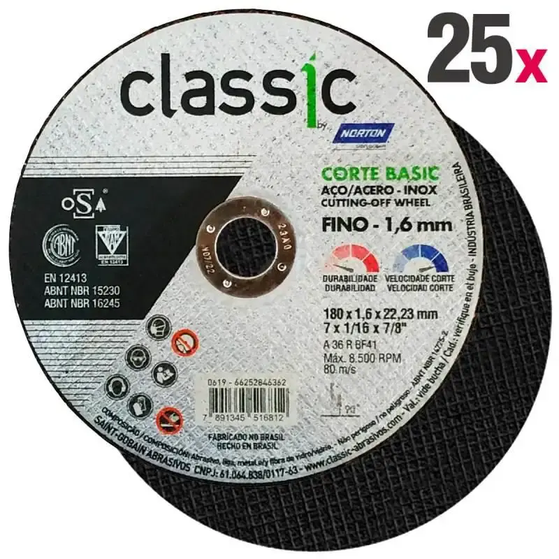 Disco de Corte 7 POL x 1.6 MM Aço Inox Furo 7/8 POL Classic Corte Basic Kit 25 Peças NORTON — fotografia 2