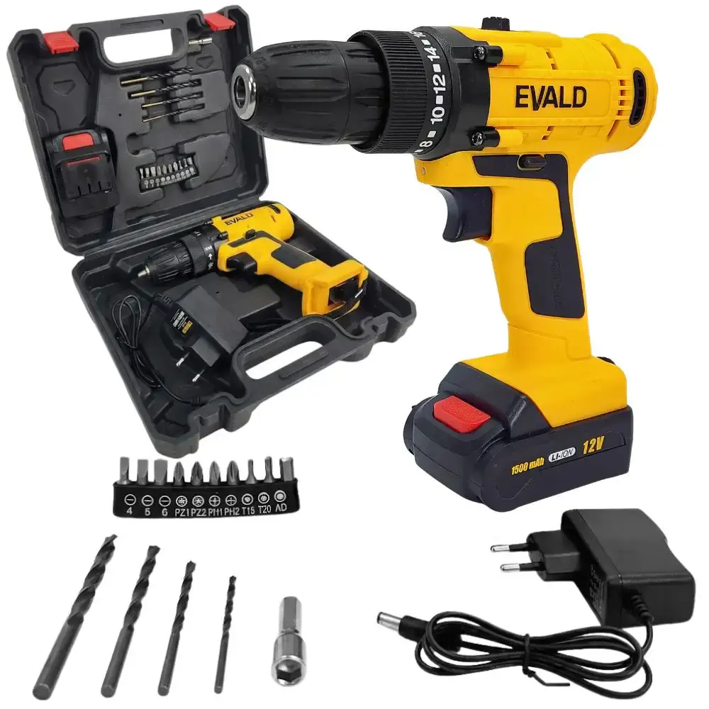 Parafusadeira furadeira bateria 12V com maleta e kit bivolt Evald — fotografia de referência