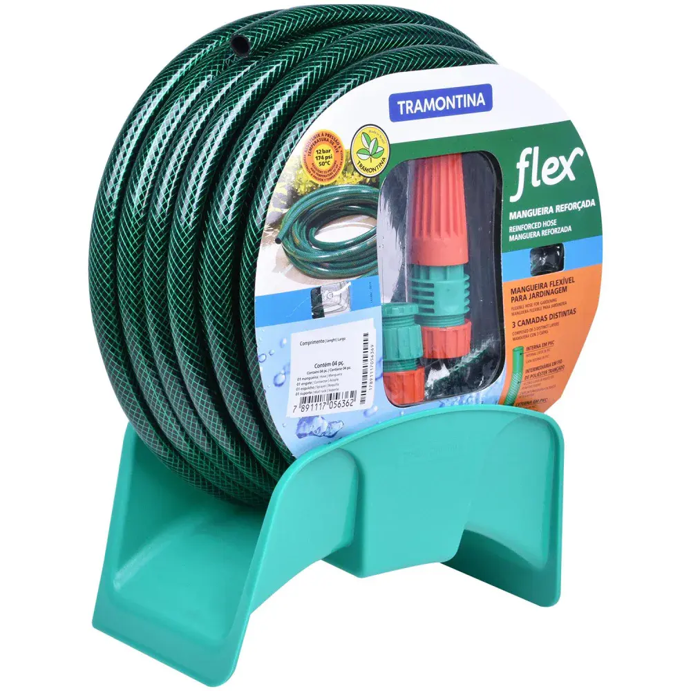 Mangueira flex em pvc verde 15M com suporte mural Tramontina