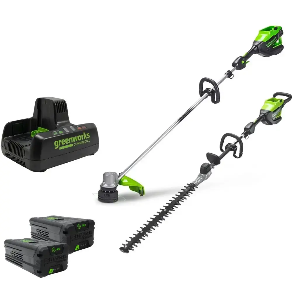 Roçadeira 82V + aparador de cerca viva + 2 baterias 4,0AH + carregador bivolt Greenworks — fotografia de referência