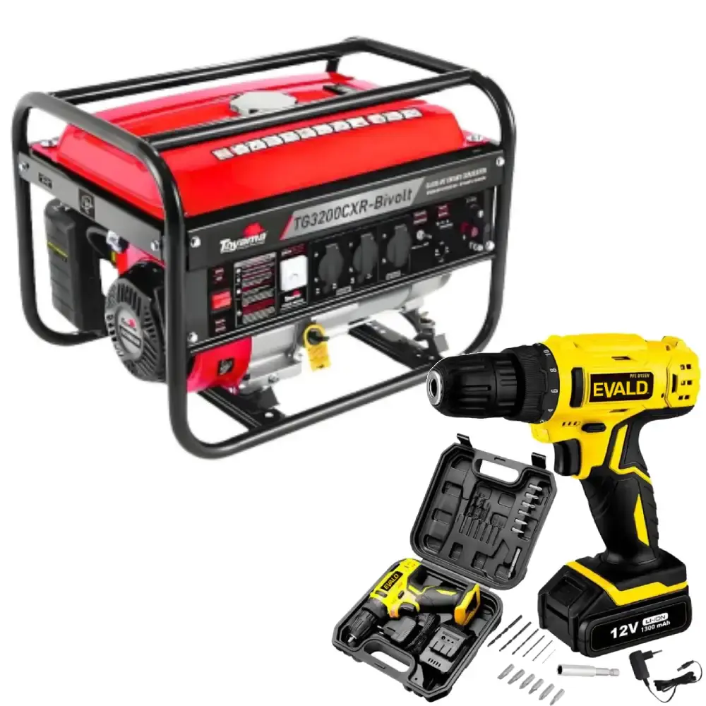 Gerador de energia a gasolina 3,1 kva bivolt partida manual TG3200CXR Toyama com parafusadeira furadeira 12V bivolt evald — fotografia de referência