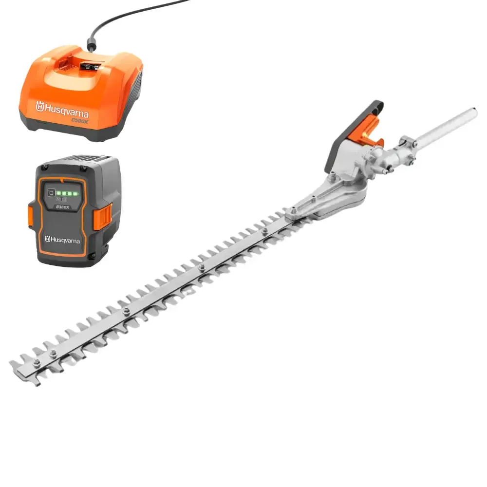 Podador de cerca viva HA322 com bateria 40-B360X 36V 10AH e carregador Husqvarna — fotografia de referência