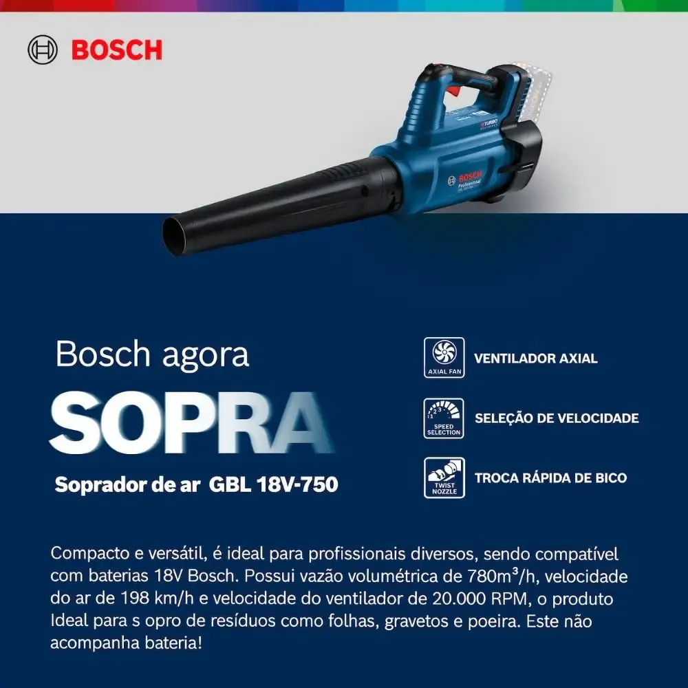 Soprador de ar a bateria GBL 18V-750 com bateria 8,0AH 18V e carregador bivolt Bosch — fotografia 10