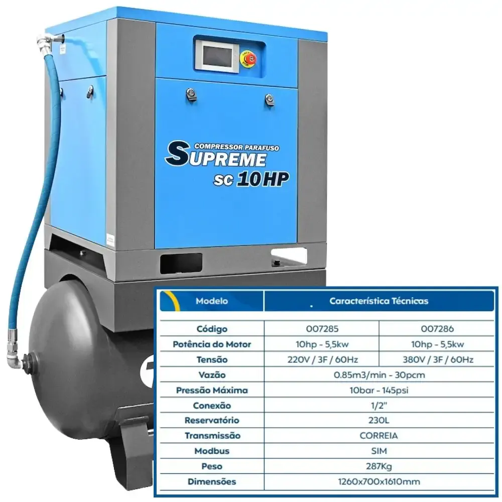Compressor de parafuso supreme com reservatório 230L 10HP 10BAR 380V SC10 techto — fotografia 5