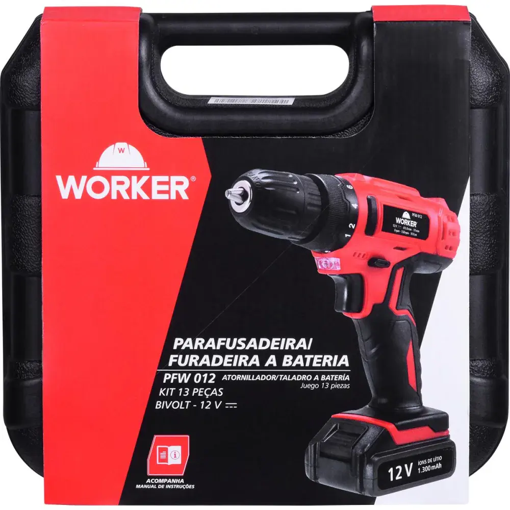 Furadeira parafusadeira a bateria com 13 peç 12V bivolt Worker — fotografia 11
