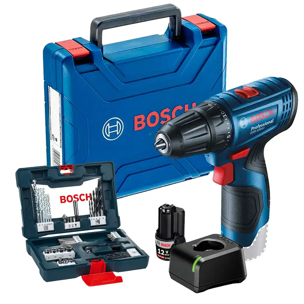 Parafusadeira 12V GSR 120-LI com estojo de brocas 41 peças Bosch — fotografia de referência
