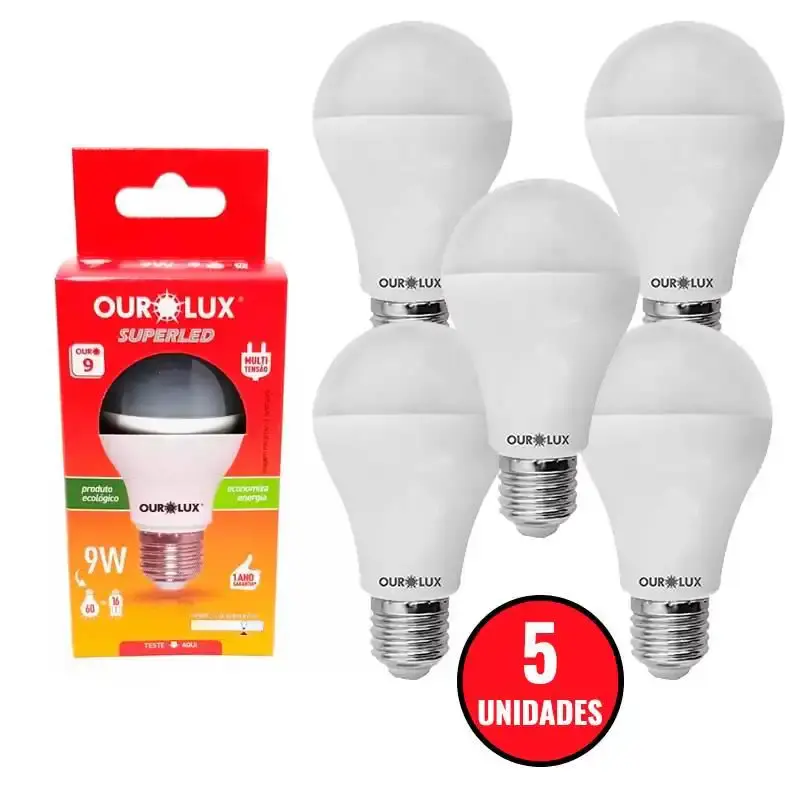 Kit 5 unidades lâmpadas LED superled A60 9W E27 luz branca bivolt 20031 Ourolux