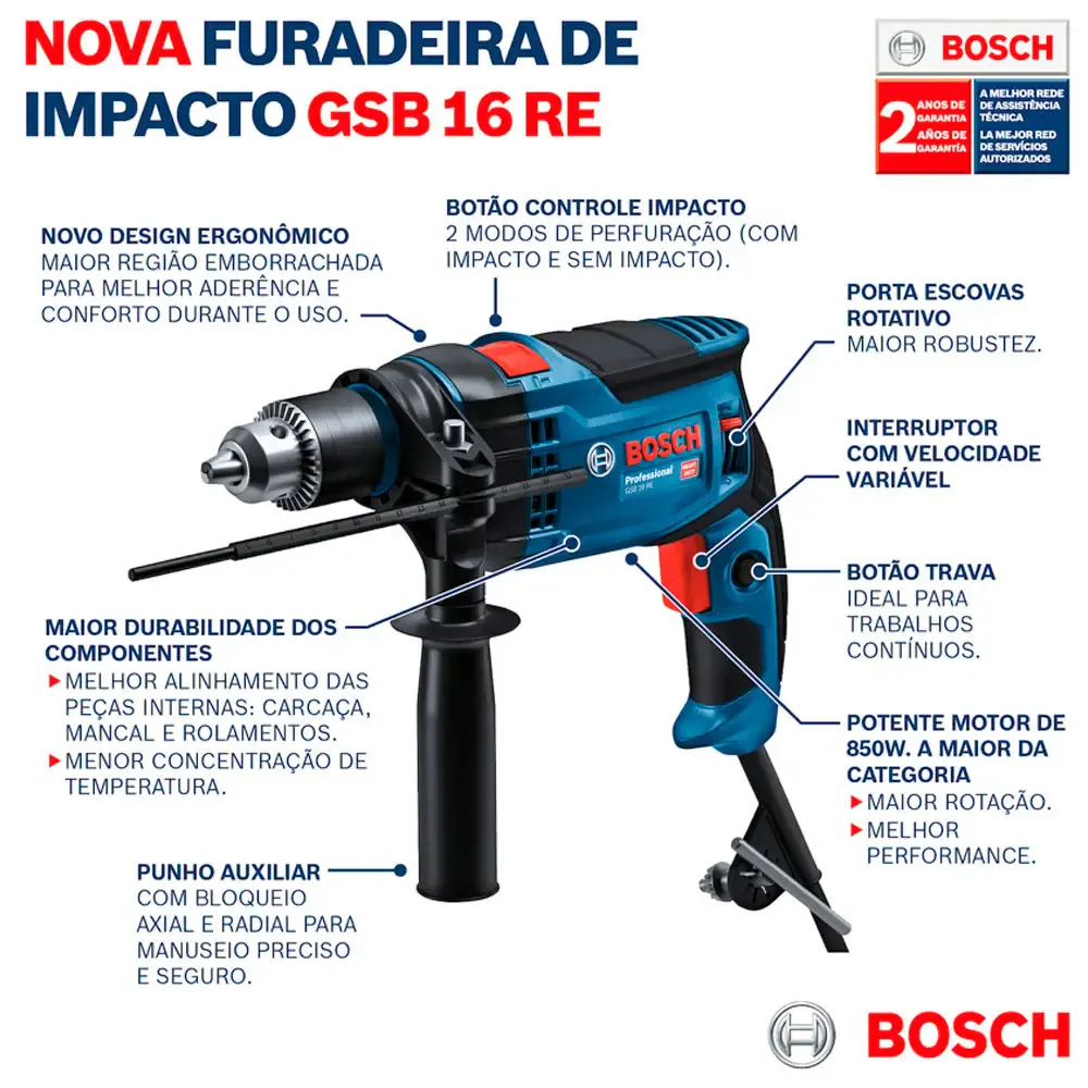 Furadeira de impacto 1/2 pol 850W variável e reversível com maleta GSB16RE Bosch 110 V — fotografia 7