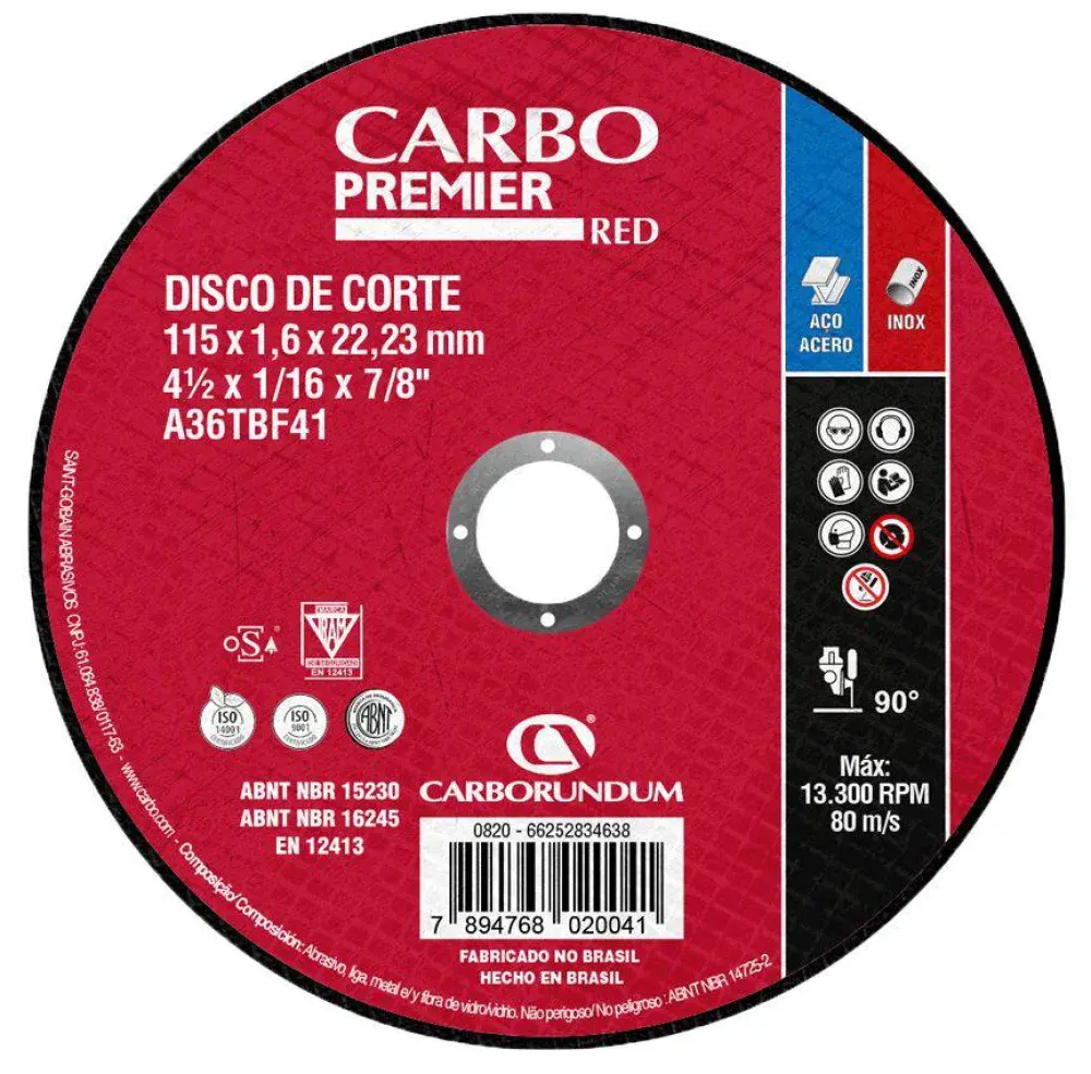 Disco corte fino 115X 1,0X 22MM aço premier red carbo Carborundum