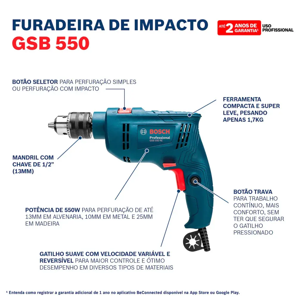 Furadeira de impacto reversível GSB550 550W 127V Bosch — fotografia 8