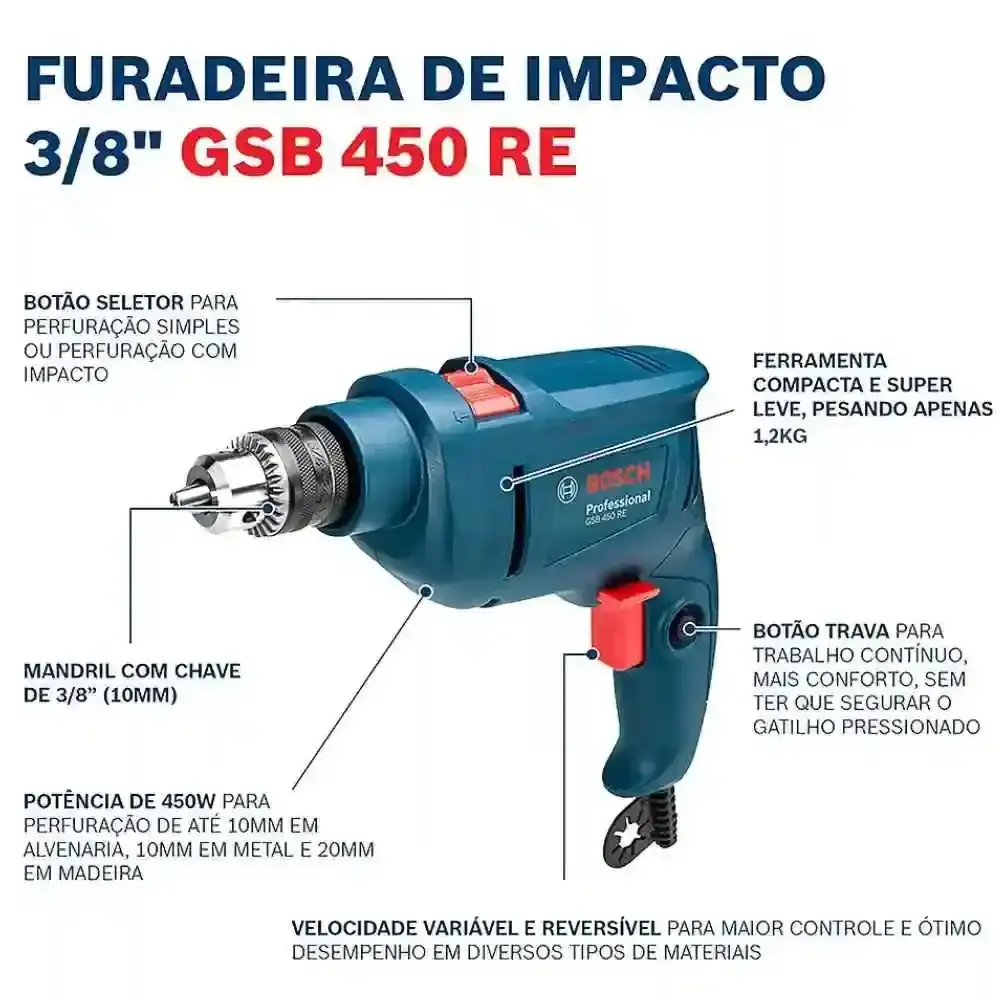 Kit furadeira industrial 3/8 pol 450W Bosch estojo de bits e soquetes 100 peças evald 220 V — fotografia 8