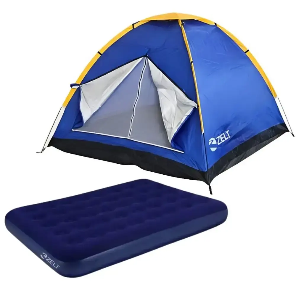 Barraca iglu camping para 4 pessoas 2,10 m com colchão inflável de casal azul Zelt — fotografia de referência