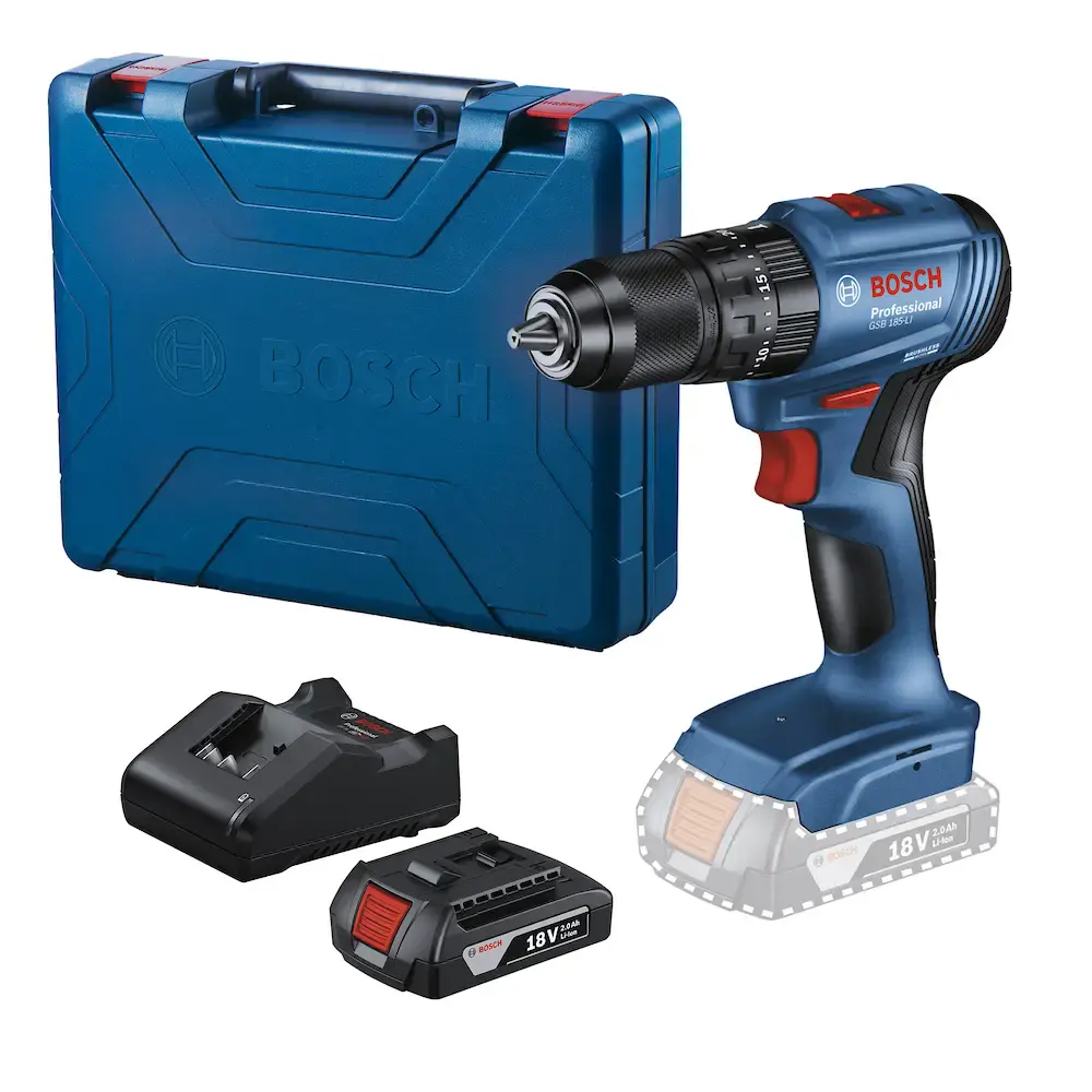 Parafusadeira furadeira à bateria impacto 18V GSB 185-LI, 1 bateria 2 ah e maleta Bosch Bivolt — fotografia de referência