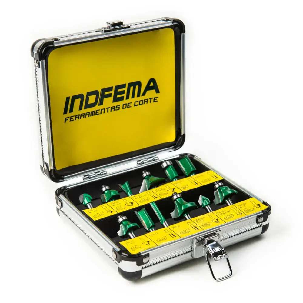 Kit de 12 fresas hw para tupia 6MM com maleta Indfema 6410.01 — fotografia de referência