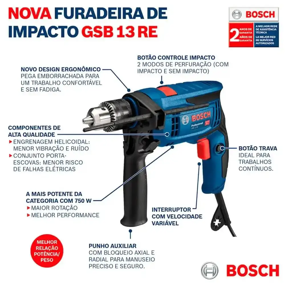 Furadeira de impacto GSB 13 RE com maleta Bosch e kit brocas e pontas 41 peças evald 220 V — fotografia 9