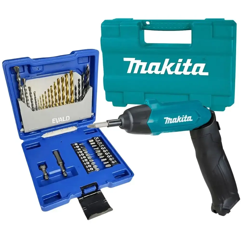 Parafusadeira 3,6V com maleta carregador e kit 81 acessório Makita e kit de pontas 41 peças evald — fotografia de referência