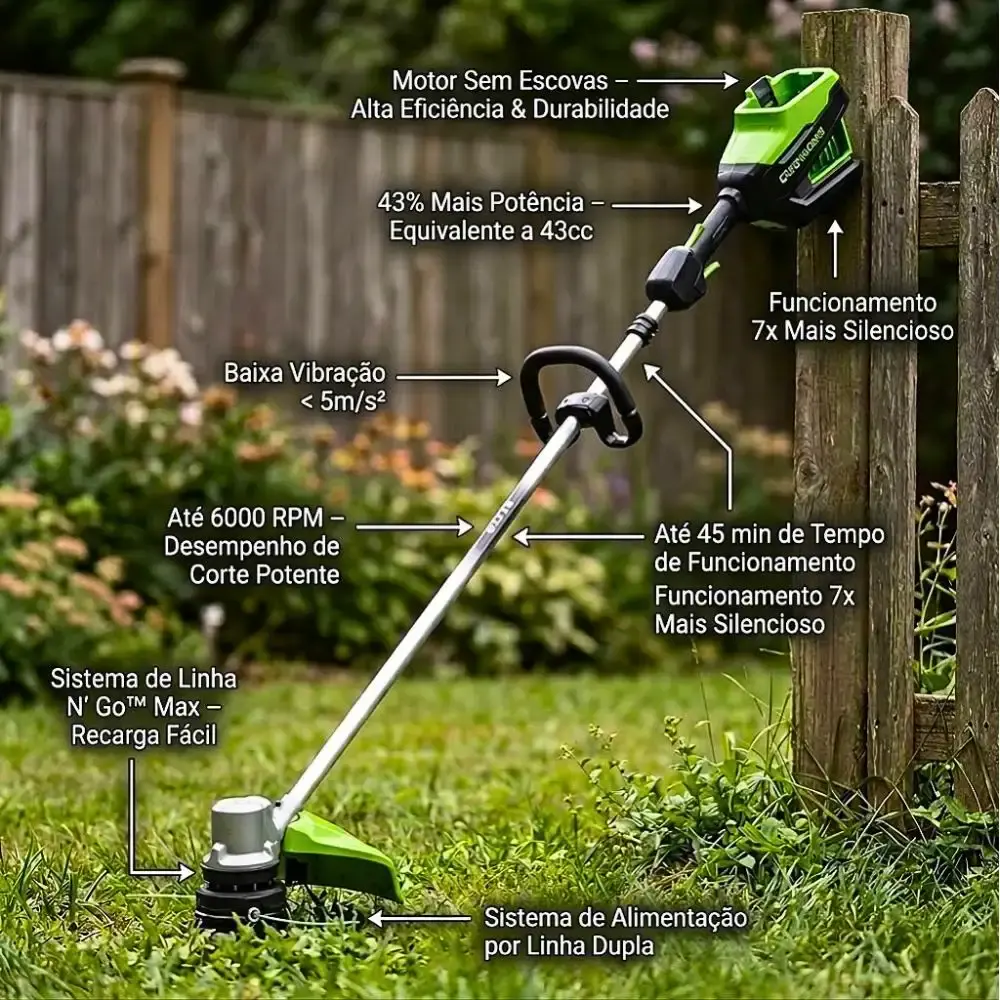 Roçadeira brushless 82V com soprador de folhas 760CFM + 2 baterias de lítio 4,0AH e carregador bivolt Greenworks — fotografia 5