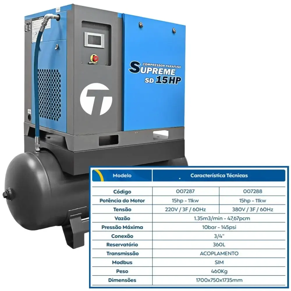 Compressor de parafuso supreme com reservatório 360L 15HP 10BAR 380V SD15 techto — fotografia 5