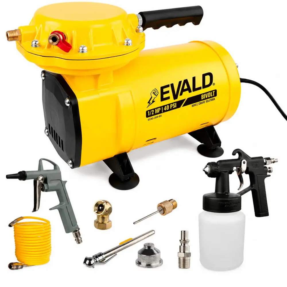 Compressor ar direto 1/2HP 1/2 polegada 350W kit 9 acessórios bivolt ECAD-350-03 Evald