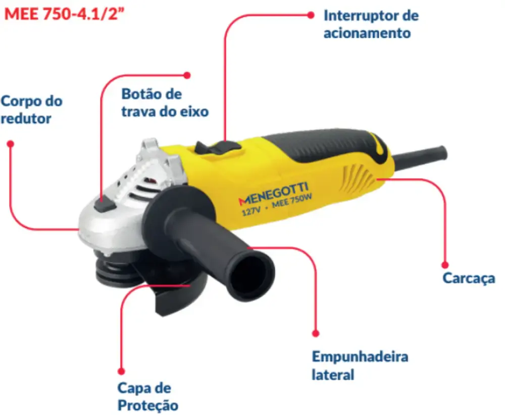 Esmerilhadeira angular 750W 4.1/2 POL MEE-750 Menegotti + disco de corte standard norton 110 V — fotografia 3