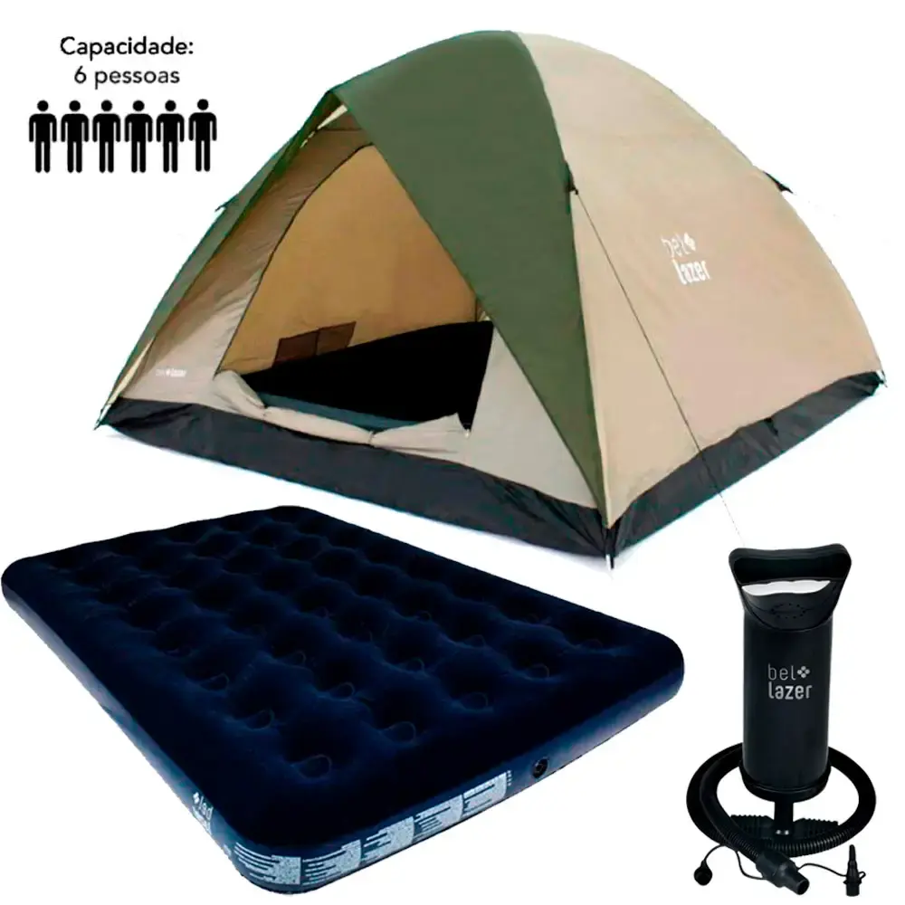 Kit barraca camping 6 pessoas com bomba manual BEL + colchão inflável de casal 191 x 137 BEL