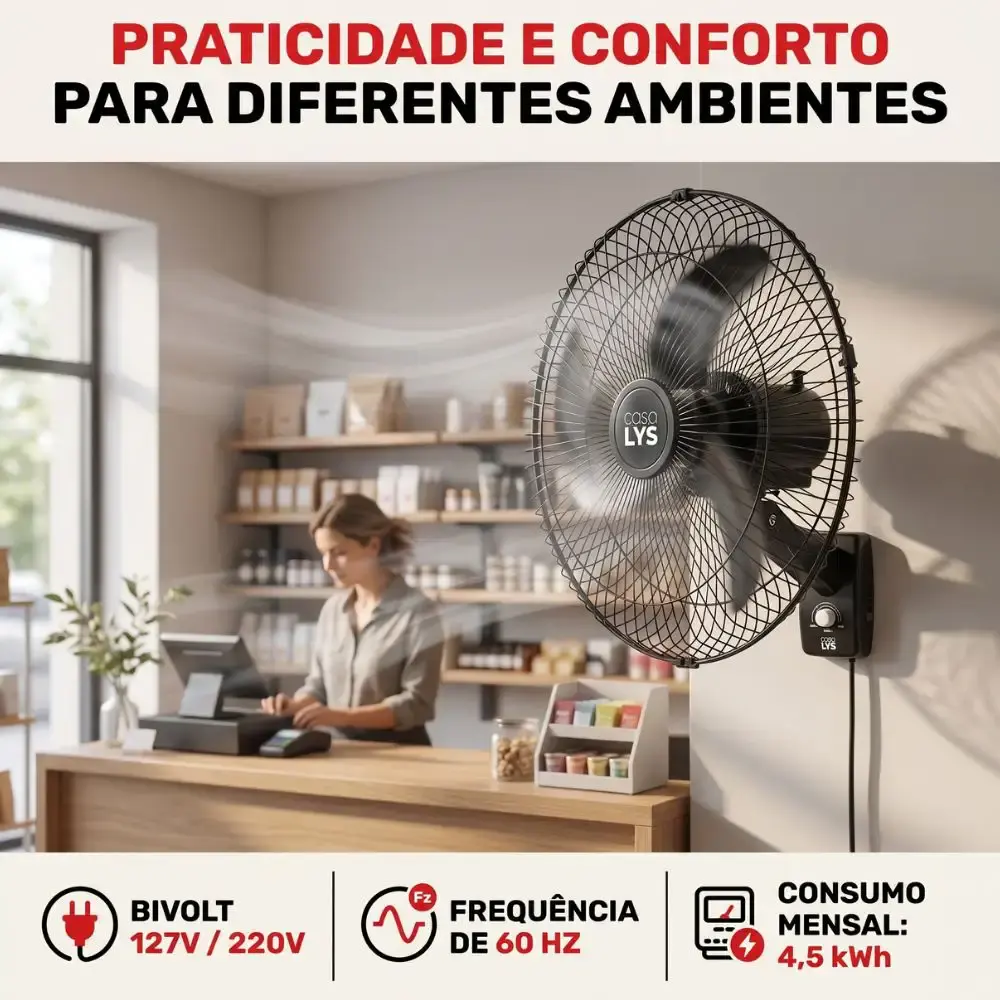 Ventilador de parede oscilante bravio 60 CM 160W bivolt com chave seletora casa LYS — fotografia 6