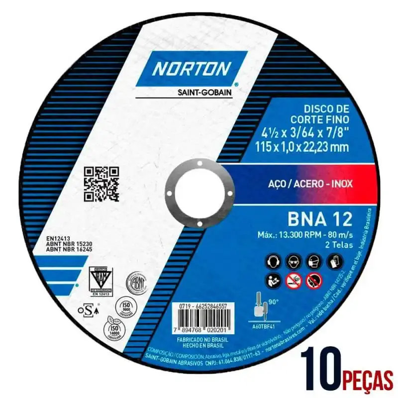 Disco de corte para metal e inox 4.1/2 POL BNA 12 kit com 10 unidades Norton — fotografia 2